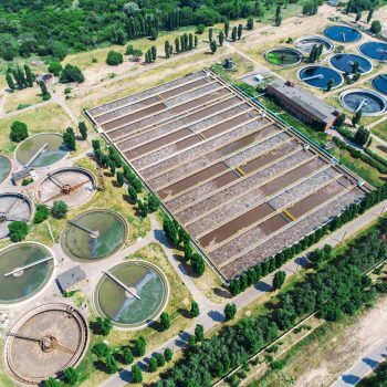 Aerial view of a wastewater and sewage treatment plant
