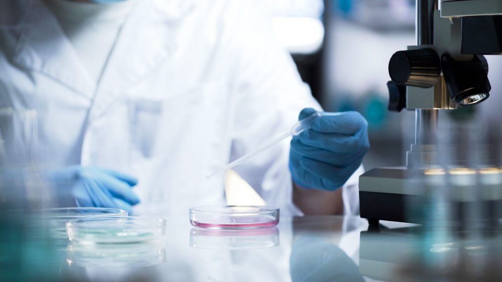 Person in lab coat with a pipette and petrie dish