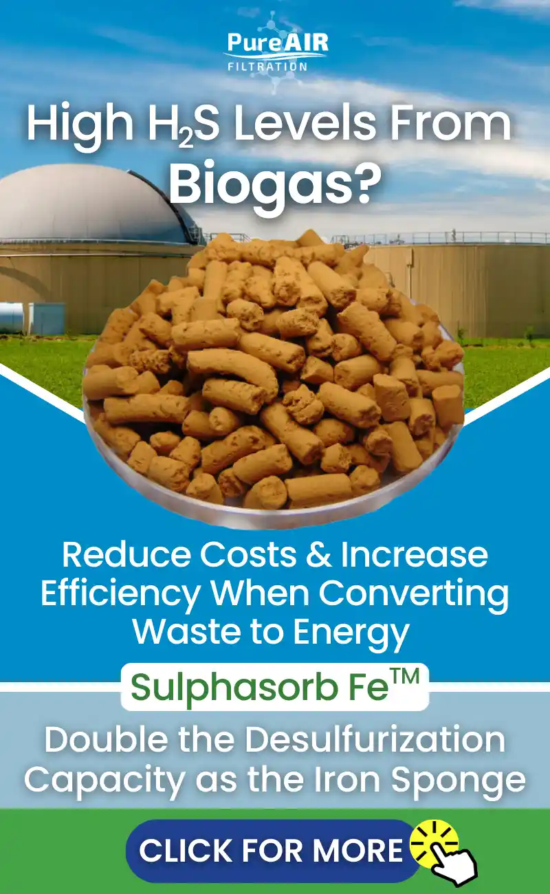 High H2S levels from Biogas? Reduce costs and increase efficiency when converting waste to energy with double the desulfurization capacity as the iron sponge.